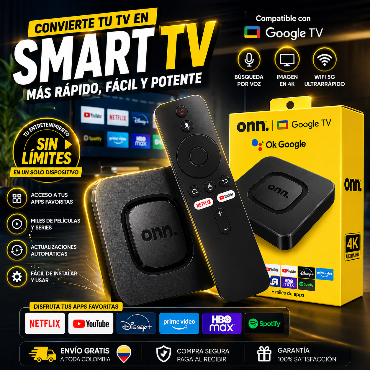 Tv Box Onn Google Streaming Puerto Land
